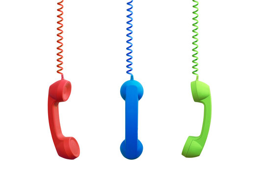 Colored phone receivers hanging, isolated on transparent background, png file