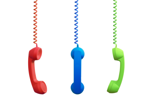 Colored phone receivers hanging, isolated on transparent background, png file