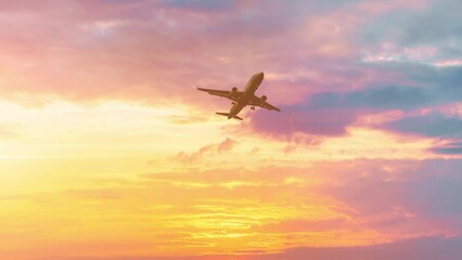 Commercial airplane flying above clouds in dramatic sunset light. Fast travel and transportation concept. Passenger plane take off from runways against beautiful sunrise sky