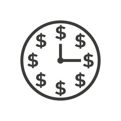 Round wall clock with money symbol.