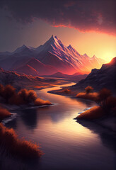 Mountain river runs along a beautiful landscape on sunset. AI Generated