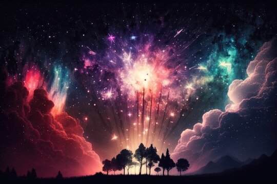 Background of the milky way with fireworks in it. Generative AI