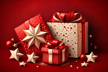 Holiday background with gift boxes and stars. Red. Merry Christmas, winter holiday, happy new year, advertisement, invitation, or birthday card concept made with Generative AI 