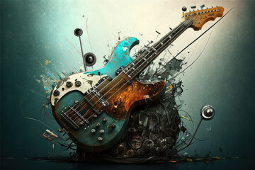 Obraz na płótnie Canvas Abstract artistic illustration of a guitar in pop art style. AI Generative