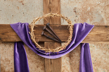 Lent season, Holy week and Good friday concept. Cross With three Nails And Crown Of Thorn on stone...