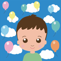 青空と雲と風船と笑顔の子どものイラスト
