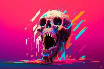 A Digital Illustration of a Glitch Skull in Vibrant Colors on Pink Background. Generative AI