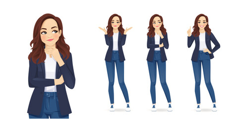 Fototapeta premium Young woman casual style clothes frustrated, thinking and making idea pointing up isolated on white background vector illustration