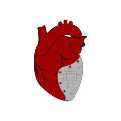 A human heart with a computer bar. A chip in the heart. A poster for a hospital with a Pacemaker.