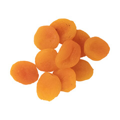 heap of dried apricots isolated on white background, top view, concept of healthy breakfast