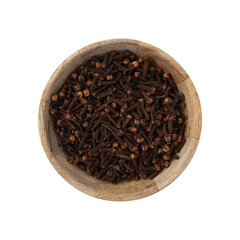 whole carnation in wooden bowl isolated on white background, dry spice cloves