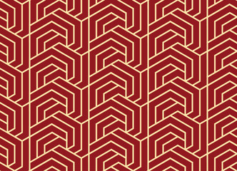 Abstract geometric pattern with stripes, lines. Seamless vector background. Gold and red ornament. Simple lattice graphic design