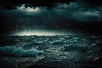 Rain on top of the choppy ocean, dark abstract background. Generative AI