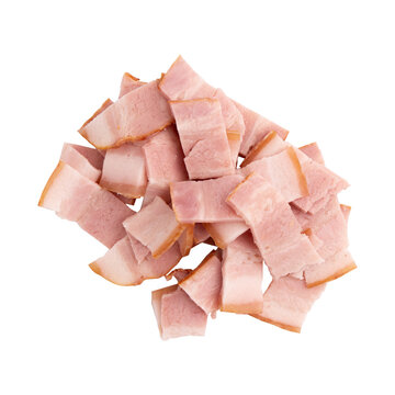 heap of sliced raw smoked bacon isolated on white background, pork meat strips pieces, package design element, top view