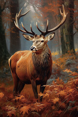 High detail very beautiful and realistic oil painting of majestic deer in magnificent forest in autumn