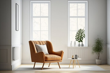 Naklejka na ściany i meble Interior Of A Bright Living Room With Armchair and Blank Frame. Generative AI.