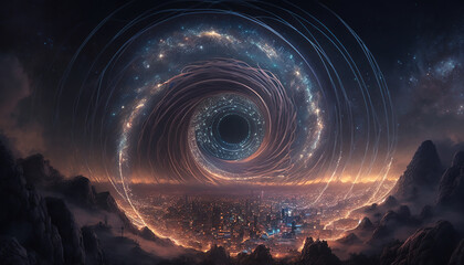 A City Backdrop with Swirls of Mist and Stars Painting the Sky, illustration, generative ai
