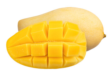 Yellow ripe mango and sliced isolated on transparent background, PNG image