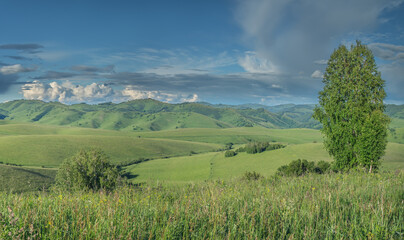 View of a summer day in the mountains, green meadows, mountain slopes and hills, countryside