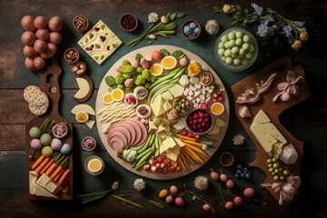 Charcuterie table scene with a spring or Easter motif set on a wooden backdrop. appetizers made out of cheese, meat, fruit, and vegetables. View from above. Generative AI
