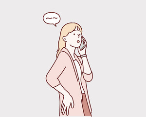  woman phone talking. Hand drawn style vector design illustrations.