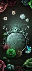 Creative illustration with clock, flowers and butterflies.