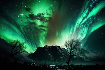 Dancing Lights of the North: A Stunning Display of Aurora Borealis over Winter Landscape. Generative AI