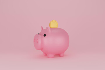 Piggy bank and golden coin on pink background. Financial planning for the future. Keep and accumulate cash savings. Banking, finance, economy, investment. 3D rendering