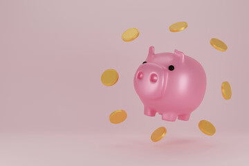 Piggy bank and golden coin on pink background. Financial planning for the future. Keep and accumulate cash savings. Banking, finance, economy, investment. 3D rendering