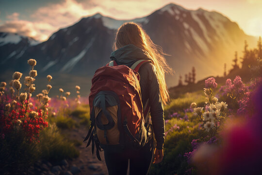 Traveler hiker camper woman wearing Big Trekking Backpack. Viewed from the back. Hillside covered with flowers.  Mountains landscape. Hiking, trekking, backpacking, camping in the mountains concept. 