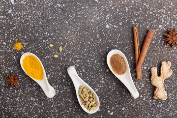 Condiments on black background - turmeric, cardamom, cinnamon, dried ginger, star anise with copy space