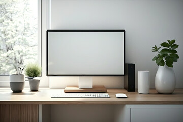 Laptop with blank screen on white table with mouse and smartphone. Home interior or office background. Ai generative	