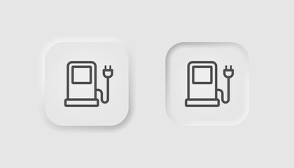 Electrical car charging station icon in neumorphism style. Icons for business, white UI, UX. Green fuel symbol. Refueling car, hybrid vehicle, eco. Neumorphic style. Vector illustration.