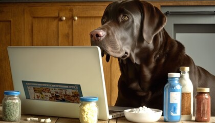 Fototapeta na wymiar Labrador Retriever dog ordering online by internet for home delivery. Paws on laptop with a food shopping product selection. Concept for pets using technology, by ai generative