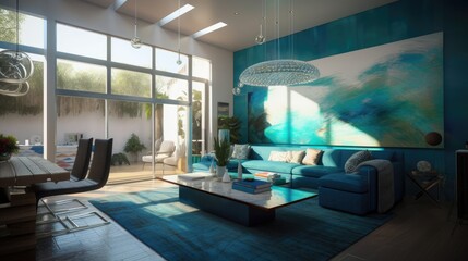 Interior of a living room with blue furnitures. Generative AI illustration.