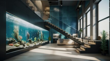 Rich modern living room interior design with aquarium and stairs. White and  blue themed room. Bright and spacious. Generative AI illustration.