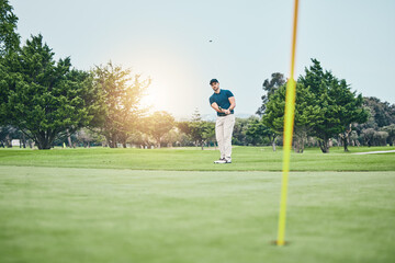 Grass, golf hole and man with golfing club on course for game, practice and training for...