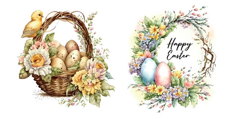 Happy easter set Vector cute classic illustrations of easter eggs in a basket of flowers, chick, bunny greeting text for a greeting card, poster or background