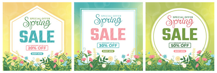 Spring 2023 Sale Background, set of abstract backgrounds with floral leave flowers frame, spring sale, banner, poster, cover, templates, social media, feed, wallpaper, stories