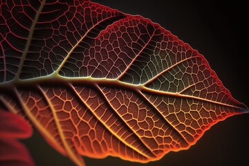 macro image showing the structure of a leaf, dyed in the popular red of 2023. Generative AI