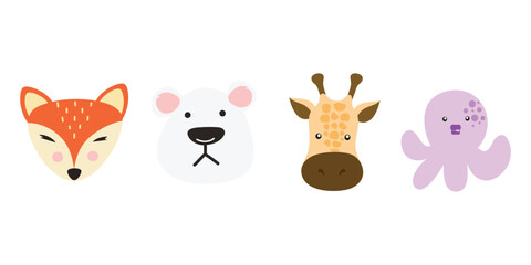 Cute Baby Animal Face Illustration. Exotic and cute animal face. Characters portrait cute animal face on white background.