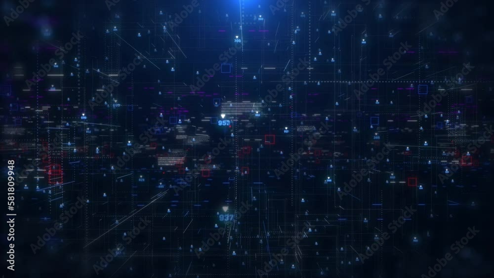 Poster Abstract big data structure futuristic network connection technology 4K motion. Abstract simple geometric shape with binary number code background.