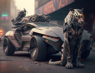 Tiger next to futuristic supercar