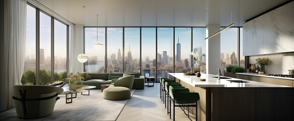 A modern luxury penthouse apartment interior in New York with modern furniture and decor, wooden floors, and glass windows (Generative AI)