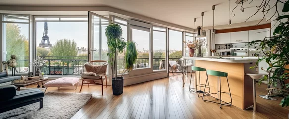 Foto op Plexiglas A modern apartment interior in Paris with modern furniture and decor, wooden floors, and glass windows (Generative AI) © Kazia
