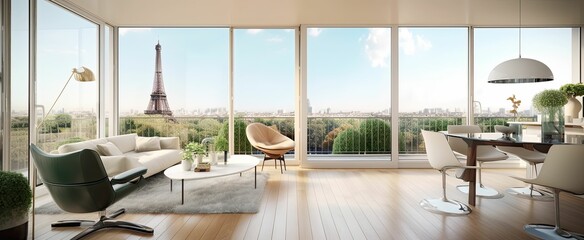 A modern apartment interior in Paris with modern furniture and decor, wooden floors, and glass windows (Generative AI)