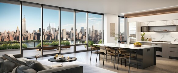 A modern luxury penthouse apartment interior in New York with modern furniture and decor, wooden floors, and glass windows (Generative AI)