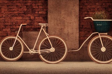 Obraz na płótnie Canvas a bicycle parked next to a brick wall with a basket on the back of it's front wheel and a basket on the front of the back of the bike. generative ai