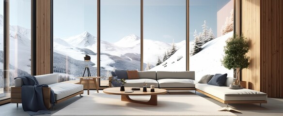 Modern Interior Living Room, with modern decor and furniture, and huge glass windows looking out at an alpine landscape (Generative AI)