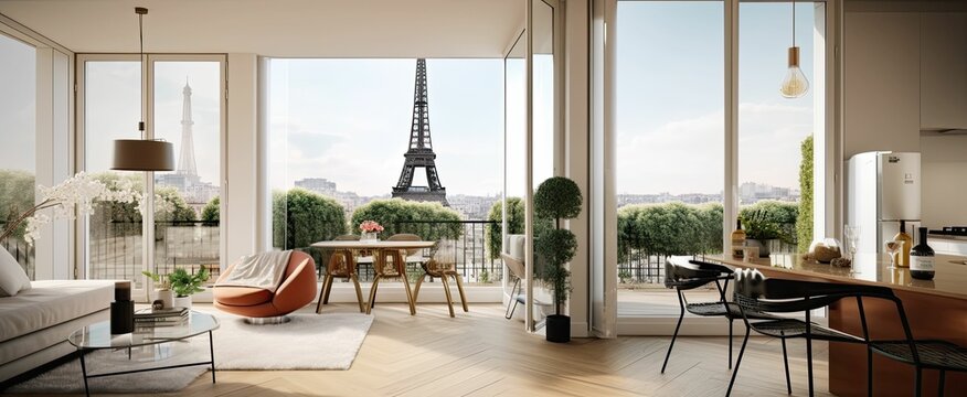 A modern apartment interior in Paris with modern furniture and decor, wooden floors, and glass windows (Generative AI)